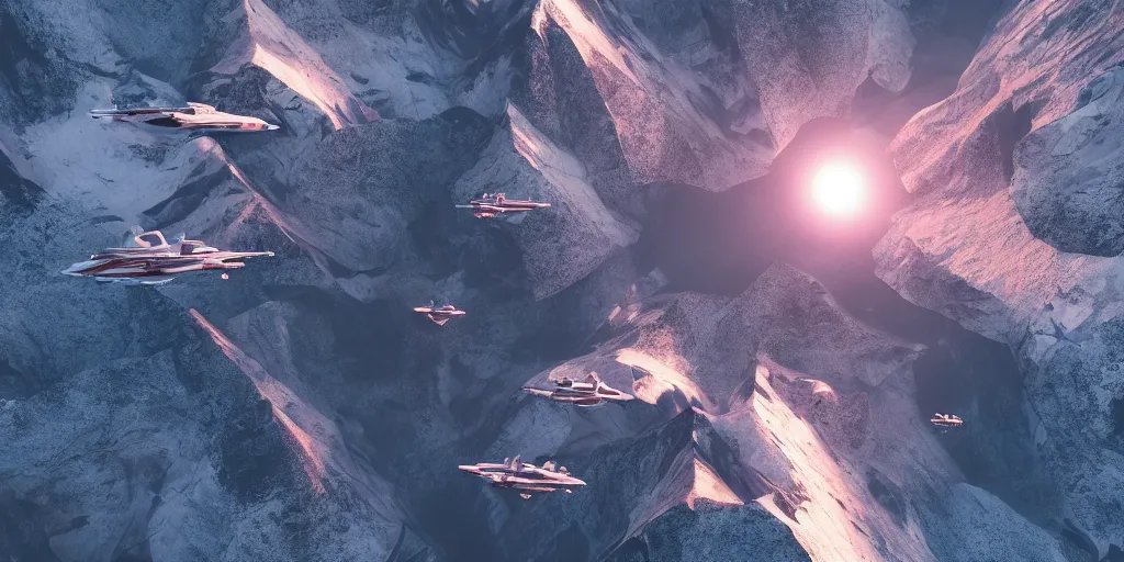 Prompt: an aerial shot of many spaceships flying over giant mountains, at dawn, epic scale ultrawide angle, stunning, epic, cinematic, artstation trending, octane render, hyperrealistic, cryengine 8 k uhd