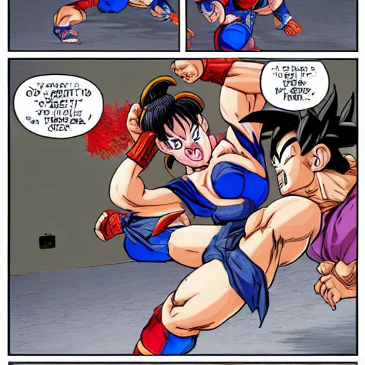 Prompt: chun li fighting goku in street fighter v by bill watterson