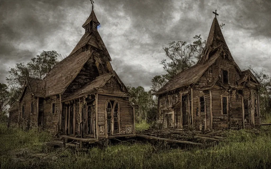 Image similar to a wooden church rotting away in the bayou, realistic, dynamic composition, dramatic lighting, ultra detailed