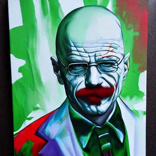 Prompt: walter white wearing the joker suit, dripping painting