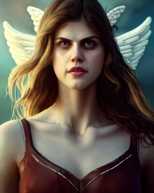 Image similar to Fullbody potrait of Alexandra Daddario as an angel, hyper realistic, prismatic highlights, atmosphere, gorgeous, depth of field, cinematic, macro, concept art, 50mm, artstation, wlop, elegant, epic, weta digital, focus, octane render, v-ray, 8k, kodak portra, art by Liberatore