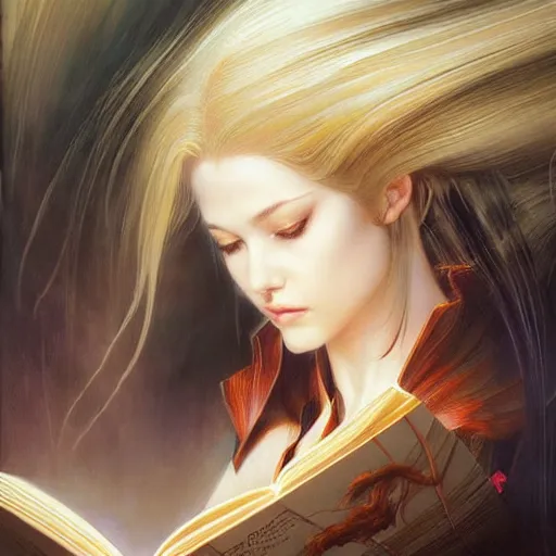 Image similar to a girl reading a book, her hair flowing down, by karol bak, ayami kojima, artgerm, smile, concept art, fantasy