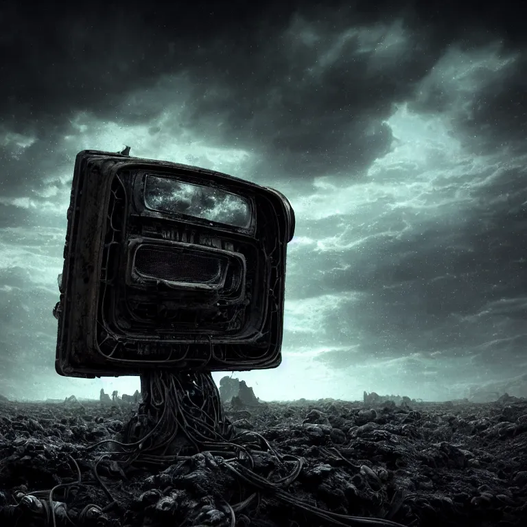 Image similar to closeup portrait of surreal mysterious abandoned ribbed broken old crt monitor in the foreground, in wastelands on exoplanet at night, dark clouds, dark washed tint black, dream-like heavy atmosphere, dark baroque painting, beautiful detailed intricate insanely detailed octane render trending on Artstation, 8K artistic photography, photorealistic, dramatic cinematic perfect light, harsh flash photography, chiaroscuro, award-winning photograph, masterpiece, Raphael, Caravaggio, Beksinski, Giger