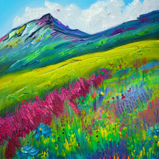 Image similar to thick impasto textured painting of a mountain side hill with wildflowers blooming