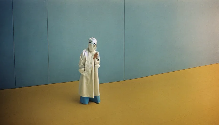 Image similar to 60s movie still of a white japanese female phantom mask in an empty soviet stalinist style hospital with yellow tiles floor with light blue beds, cinestill 800t 35mm technicolor, heavy grain, high quality, higly detailed, liminal space