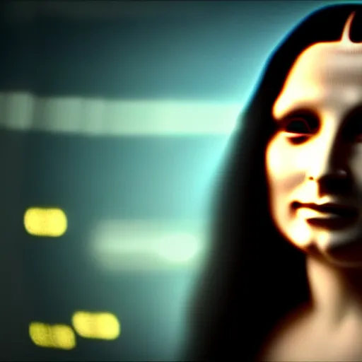 Image similar to cinematic movie still of cybernetic character named Mona Lisa in Neuromancer, futuristic eye implant, cyberpunk, XF IQ4, 150MP, 50mm, F1.4, ISO 200, 1/160s, twilight in the city