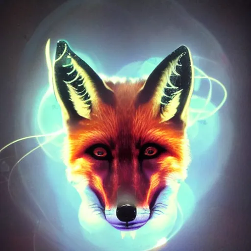 Prompt: Kirlian photo portrait portrait head face shoulders of fox shaman with mystical aura, visually appealing aesthetic within the foggy atmosphere