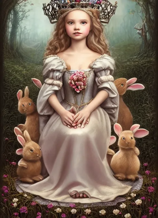 Image similar to highly detailed closeup portrait of a fairytale medieval princess wearing a crown and sitting on a throne, surrounded by cute bunnies, unreal engine, nicoletta ceccoli, mark ryden, earl norem, lostfish, global illumination, god rays, detailed and intricate environment