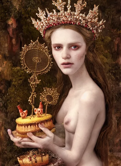 Image similar to closeup medieval otto dix face portrait of a fairytale princess wearing a crown eating cakes in the castle, bikini, depth of field, zeiss lens, detailed and intricate environment, fashion photoshoot by nicoletta ceccoli, mark ryden, lostfish, breathtaking, 8 k resolution, extremely detailed, beautiful, establishing shot, artistic, hyperrealistic, octane render
