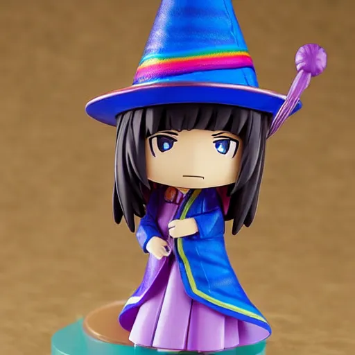 Prompt: a wizard with a rainbow wizard hat vinyl figure, anime style, nendroid