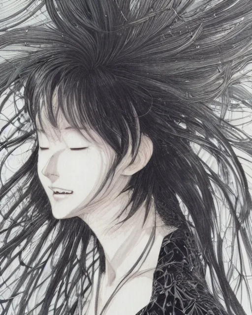 Image similar to Yoshitaka Amano realistic illustration of an anime girl with wavy white hair and cracks on her face wearing dress suit with tie fluttering in the wind, abstract black and white patterns on the background, noisy film grain effect, highly detailed, Renaissance oil painting, weird portrait angle