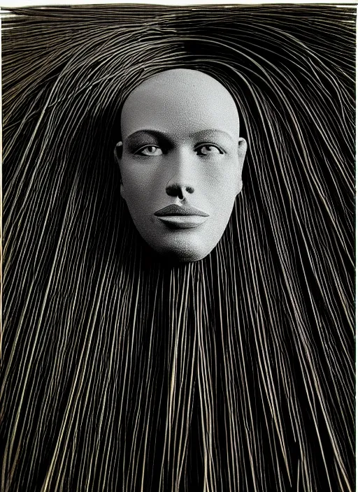 Prompt: realistic photo of a full - height model of human head made of black rubber realistic made of black clay, covered in very very long hay spikes needles, center straight composition, 2 0 0 0, life magazine photo, museum archival photo