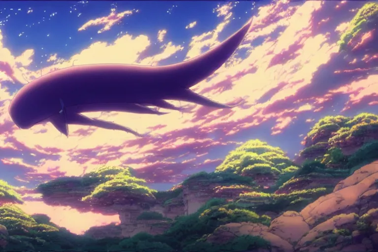 Prompt: painting of a dreamscape, a flying leviathan in the foreground, exterior wide shot, otherworldly and ethereal by kazuo oga in the anime film by studio ghibli, screenshot from the anime film by makoto shinkai