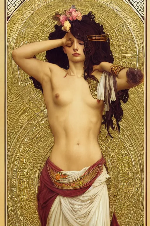 Image similar to a full body portrait of a beautiful ethereal delicate egyptian mage queen meditative sacral pose catholic stages of the cross, intricate, elegant, highly detailed, digital painting, artstation, concept art, smooth, sharp focus, illustration, art by krenz cushart and artem demura and alphonse mucha