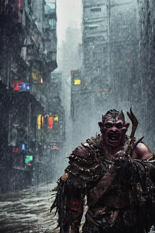 Image similar to a dynamic photograph of a orc warrior in a wet, dystopic Hong Kong bladerunner street. Realism.