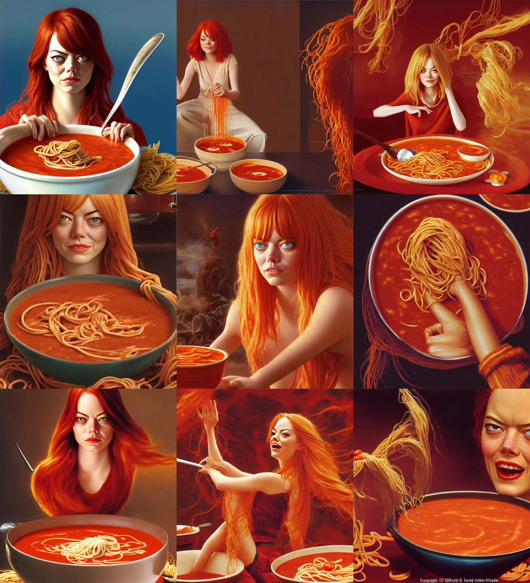 Prompt: emma stone with spaghetti pasta hair rising from a bowl of tomato soup, epic composition, 2 0 0 mm focal length, donato giancola, tim hildebrandt, wayne barlow, bruce pennington, larry elmore