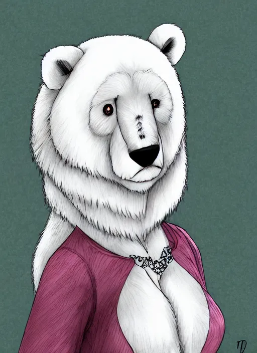 Image similar to award winning beautiful portrait commission art of a female male furry anthro polar bear fursona with a cute beautiful attractive detailed furry face wearing a summer dress at a mountain cabin. Kemono Character design by Dangan. t