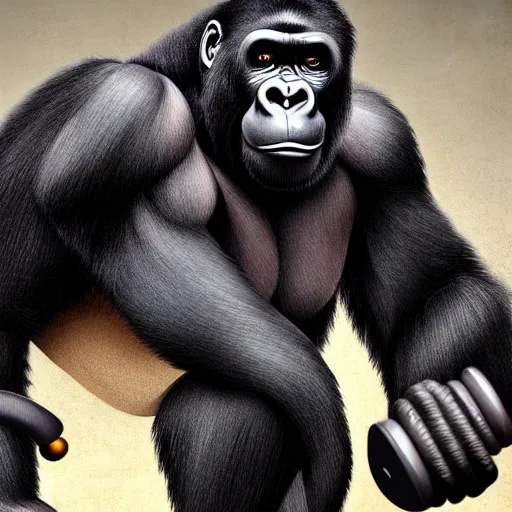 Prompt: a gorilla curling weights, muscled gorilla training biceps at the gym, perfect high resolution, award winning ar , highly detailed, trending on art station, cgsociety
