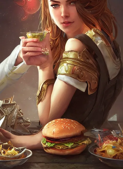 Image similar to sandwich, hamburger, steak, drinks, d & d, fantasy, intricate, elegant, highly detailed, digital painting, artstation, concept art, matte, sharp focus, illustration, hearthstone, art by artgerm, art by greg rutkowski, art by alphonse mucha