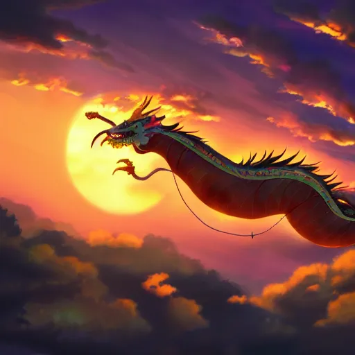 Prompt: Chinese dragon flying through a beautiful sunset sky, lighting, highly detailed, by Makoto Shinkai.