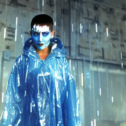 Image similar to cinematic portrait of a runaway replicant with tribal facepaint and a blue transparent plastic raincoat in an empty room, still from the movie bladerunner, fashion photography