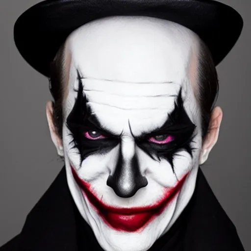 Image similar to a male model wearing a black leather hat in joker makeup, frontal view, cool looking