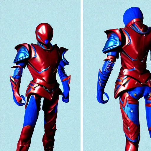 Prompt: High Fantasy Kamen Rider, blue armor with red secondary color, 4k, glowing eyes, daytime, grid textured armor plating, rubber suit, dragon inspired armor