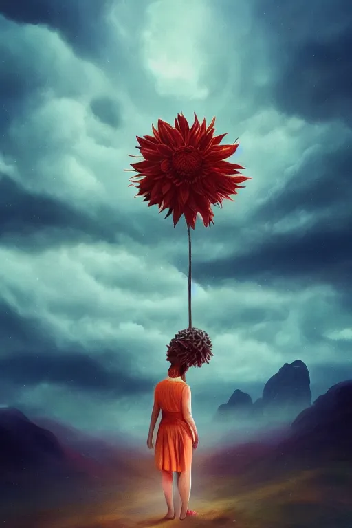 Image similar to closeup giant dahlia flower under head, girl standing on mountain, surreal photography, blue storm clouds, dramatic light, impressionist painting, digital painting, artstation, simon stalenhag