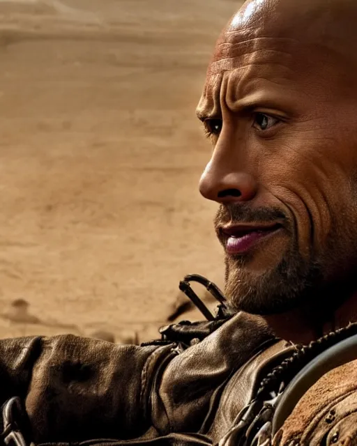 Image similar to film still close up shot of dwayne johnson as max rockatansky in the movie mad max. photographic, photography