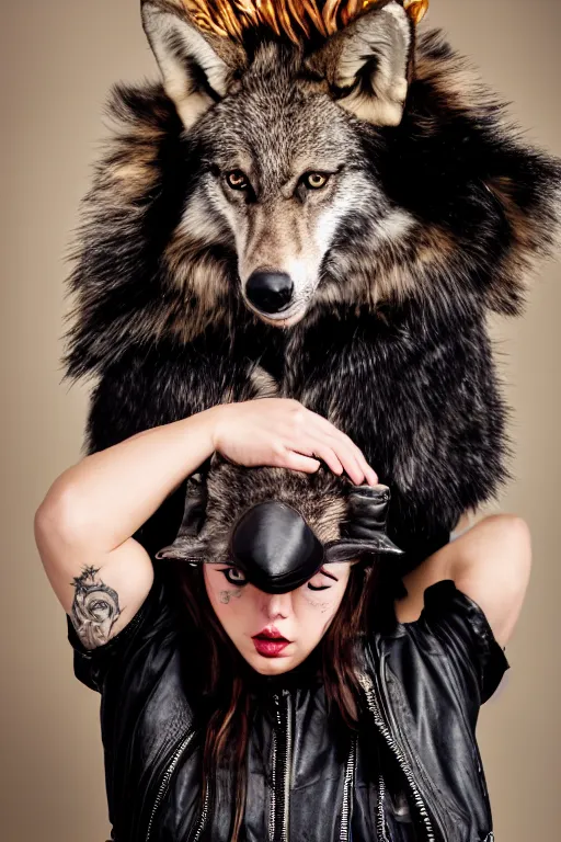 Prompt: professional photographic portrait of a punk girl in a leather jacket wearing a wolf's head over her face, fashion magazine shoot, cool punk with wolf on her head