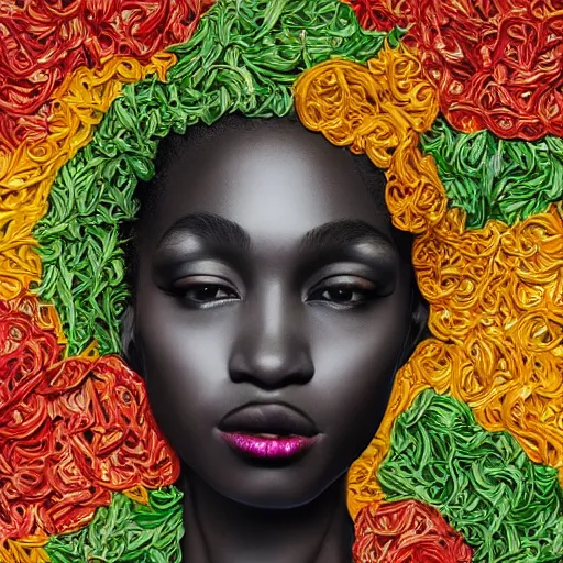 Prompt: the portrait of a beautiful and elegant young black woman made up of peppers, an ultrafine detailed illustration by james jean, intricate linework, bright colors, final fantasy, behance contest winner, vanitas, angular, altermodern, unreal engine 5 highly rendered, global illumination, radiant light, detailed and intricate environment