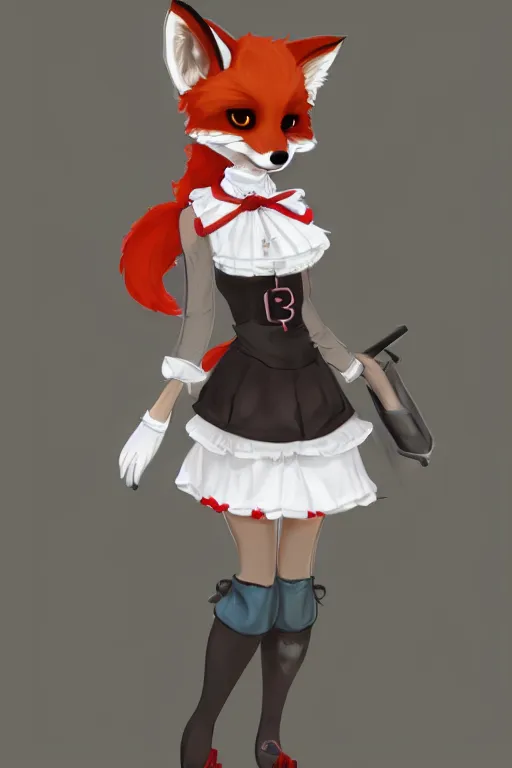 Image similar to a fox fursona wearing a maid outfit, highly detailed, digital art, trending on artstation, furry art