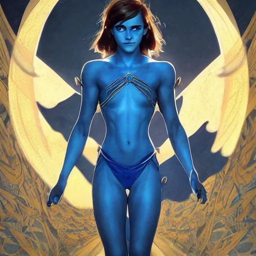 Image similar to Emma Watson as a blue Navi from the Avatar movie, highly detailed, digital painting, artstation, concept art, sharp focus, illustration, art by greg rutkowski and alphonse mucha