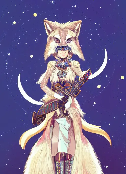 Image similar to commissioned full body portrait of a female anthro wolf princess fursona with a furry wolf head and white hair wearing a blue and gold Japanese armored dress in a white and gold palace on a starry night with a large crescent moon, by a professional manga illustrator, by Kilian Eng, by Sandra Chevrier, trending on artstation