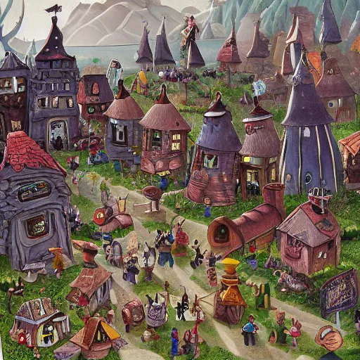 Image similar to very detailed painting of tiny people and monster town in wimmelbilder style