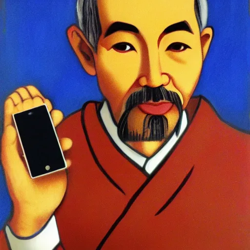 Prompt: Portrait of Ho Chi Minh holding Iphone