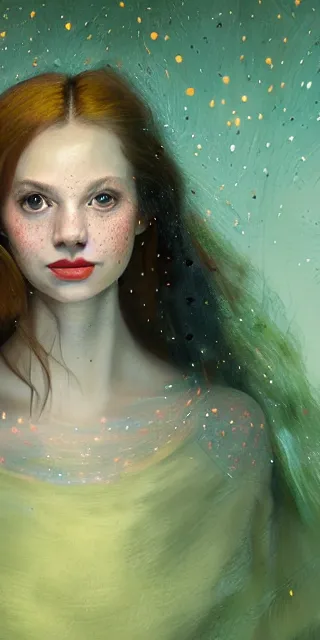 Prompt: young woman, smiling amazed, surrounded by firefly lights, full covering intricate detailed dress, amidst nature, long red hair, precise linework, accurate green eyes, small nose with freckles, beautiful smooth oval shape face, empathic, expressive emotions, dramatic lights, hyper realistic ultrafine art by artemisia gentileschi, jessica rossier, boris vallejo