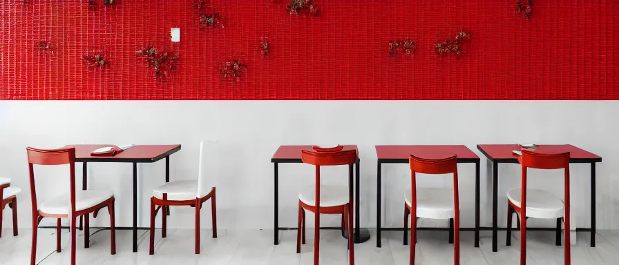 Image similar to a beautiful simple interior render of small roasted string hotpot restaurant restaurant yan'an, wall corner, from china, red paper wall and white tile floor, rectangle white porcelain table, fine simple delicate structure, chinese style, simple composition, simple style structure decoration design, victo ngai, 4 k hd