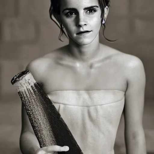 Prompt: a full body sculpture portrait of emma watson made of stone, holding an umbrealla in the shower like rain, beautiful dressed