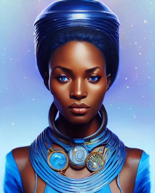 Prompt: Portrait of very very very very very very beautiful african woman, spacesuit, blue eyes, intricate, elegant, highly detailed, digital painting, artstation, concept art, smooth, sharp focus, illustration, art by artgerm and greg rutkowski and alphonse mucha