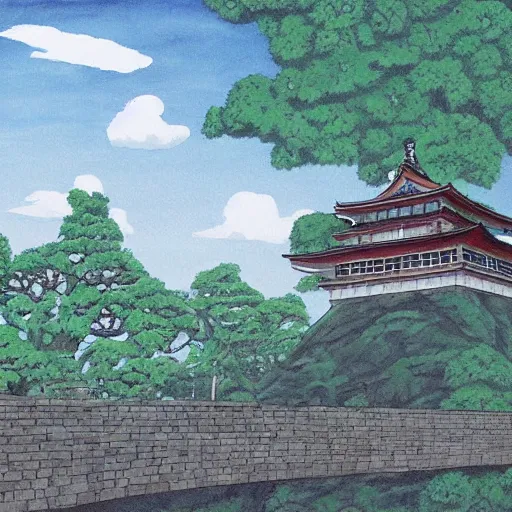 Image similar to japanese fortress in a city inside the forest by studio ghibli painting