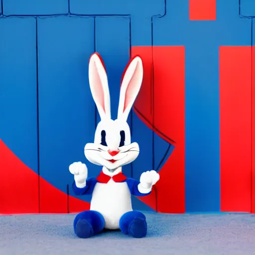 Image similar to photo of a bugs bunny toy sitting infront of a red wall with blue stripes