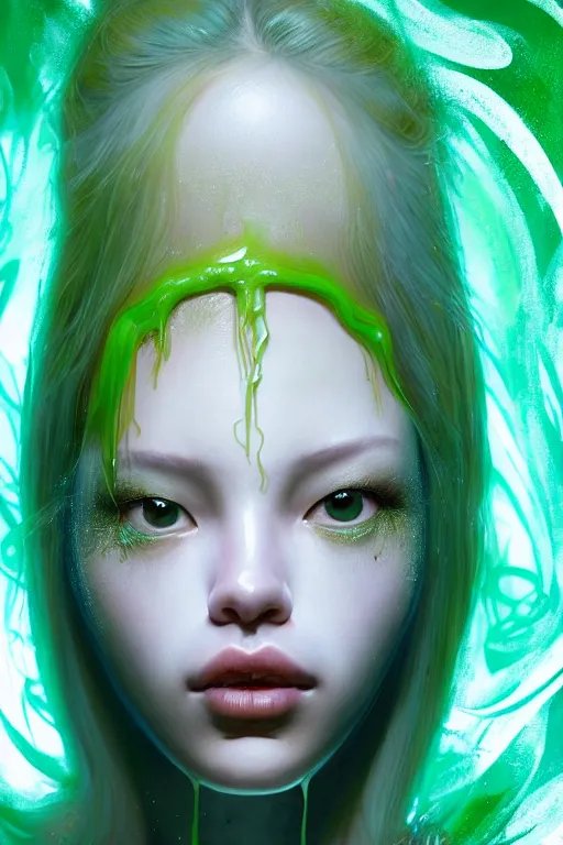 Image similar to hyperrealistic photography of a gorgeous girl inside a syringe containing luminescent green liquid in the style of jin kagetsu, james jean, chris cunninham, hans bellmer and wlop, highly detailed, face symmetry, masterpiece, award - winning, sharp focus, intricate concept art, ambient lighting, 8 k, artstation