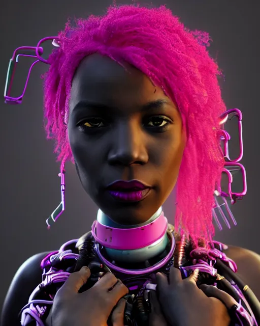 Image similar to portrait of a beautiful black woman with pink hair as a cyberpunk cyborg half robot, revealing wires and electronics, hooked - up, sci - fi, missing panels, intricate abstract upper body intricate artwork, concept art, octane render, deviantart, cinematic, key art, hyperrealism, iridescent accents, portrait photograph, nikon 3 5 mm, photograph by greg rutkowski