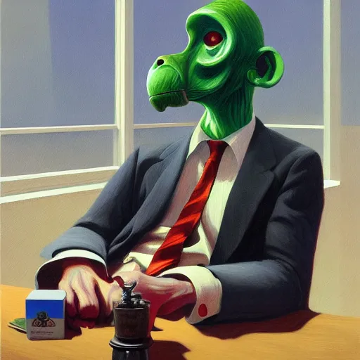 Prompt: Portrait of Mr. Monkey wearing a business suit , very coherent, painted by Edward Hopper, Wayne Barlowe, painted by James Gilleard, airbrush, art by JamesJean