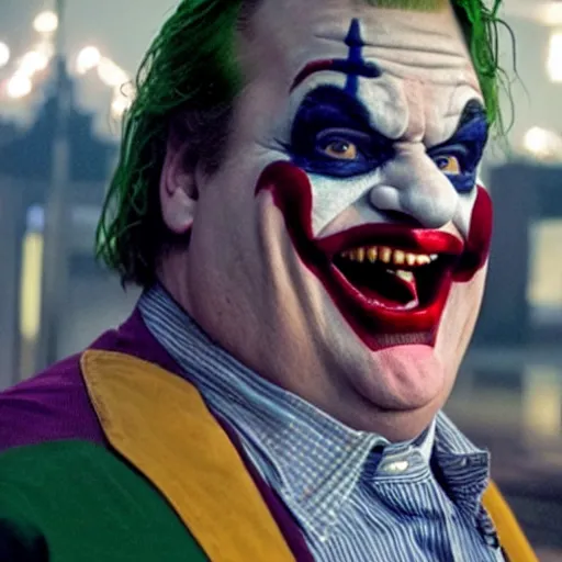 Image similar to stunning awe inspiring chris farley as the joker movie still 8 k hdr atmospheric lighting