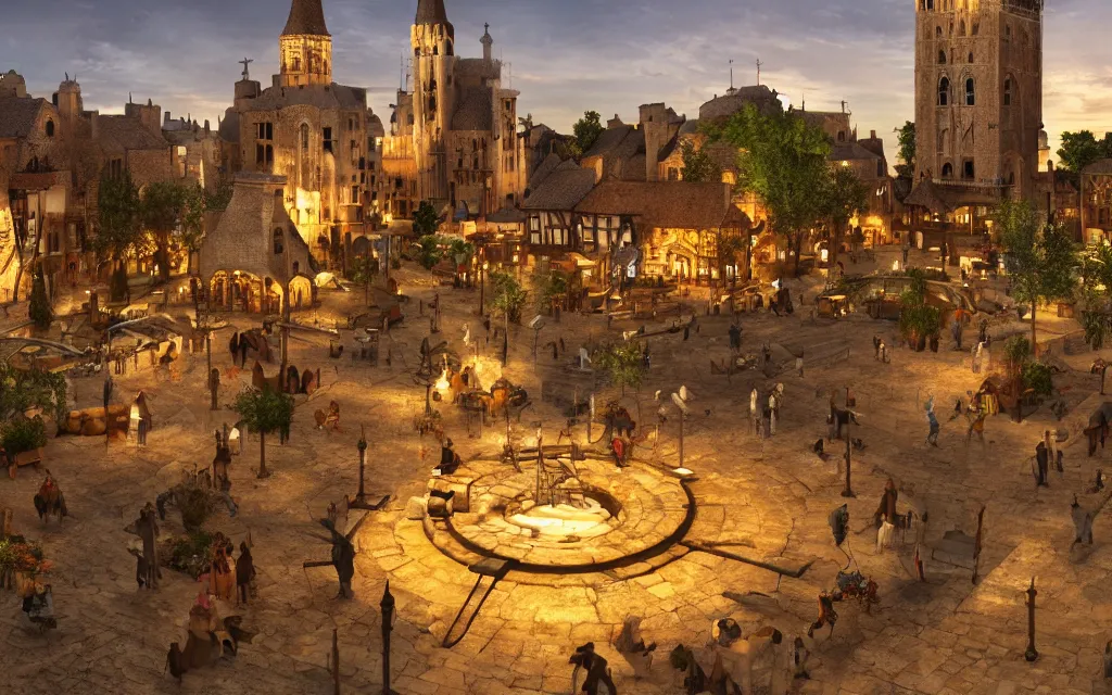 Image similar to at the square of a medieval french village, with a spaceship hovering, a well in the center, arches, orange light, highly detailed, cinematic lighting, render, fantasy