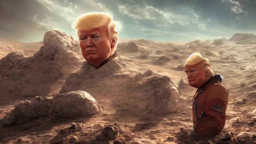 Image similar to realistic portrait of donald trump on mars, fantasy artwork, very very very beautiful scenery, hd, hdr, ue5, ue6, unreal engine 5, cinematic 4k wallpaper, 8k, ultra detailed, high resolution, artstation, award winning