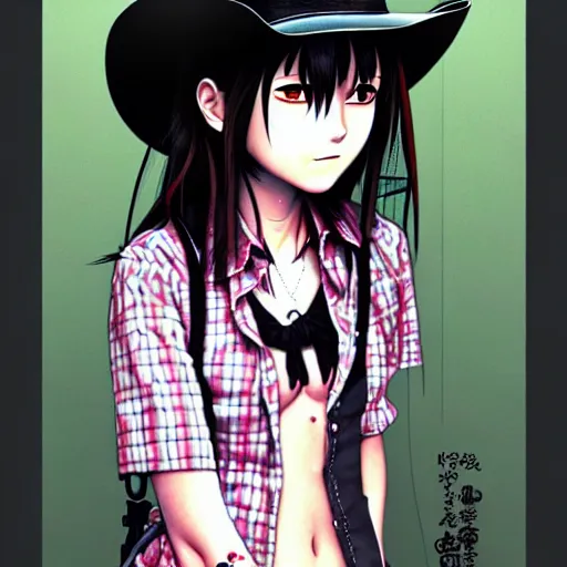 Prompt: full view of girl from serial experiments lain, with tattoos, wearing cowboy hat, style of yoshii chie and hikari shimoda and martine johanna, highly detailed