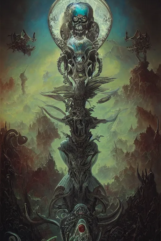 Image similar to evil gigantic alien skull lord of death, fantasy painting, ultra realistic, wide angle, art nouveau, intricate details, rainbowshift, vivid colors, highly detailed by peter mohrbacher, h. r. giger, maxfield parrish, aaron horkey, gaston bussiere, craig mullins